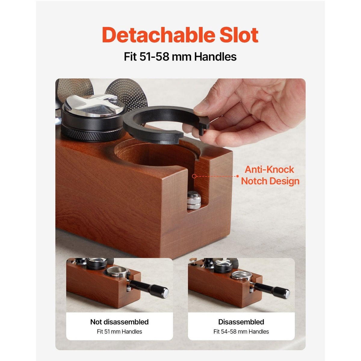 Espresso Tamping Station, Sapele Wood, 8-in-1 Multifunctional Tamping Station with Detachable Slot, Easy to Clean Espresso Knock Box with Non-Slip Base, Fits for 51-58 mm Handles