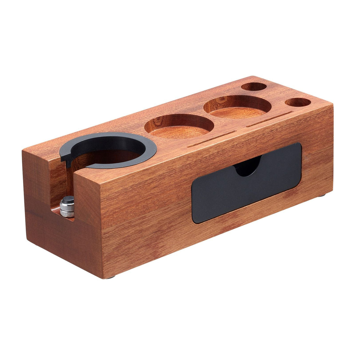 Espresso Tamping Station, Sapele Wood, 8-in-1 Multifunctional Tamping Station with Detachable Slot, Easy to Clean Espresso Knock Box with Non-Slip Base, Fits for 51-58 mm Handles