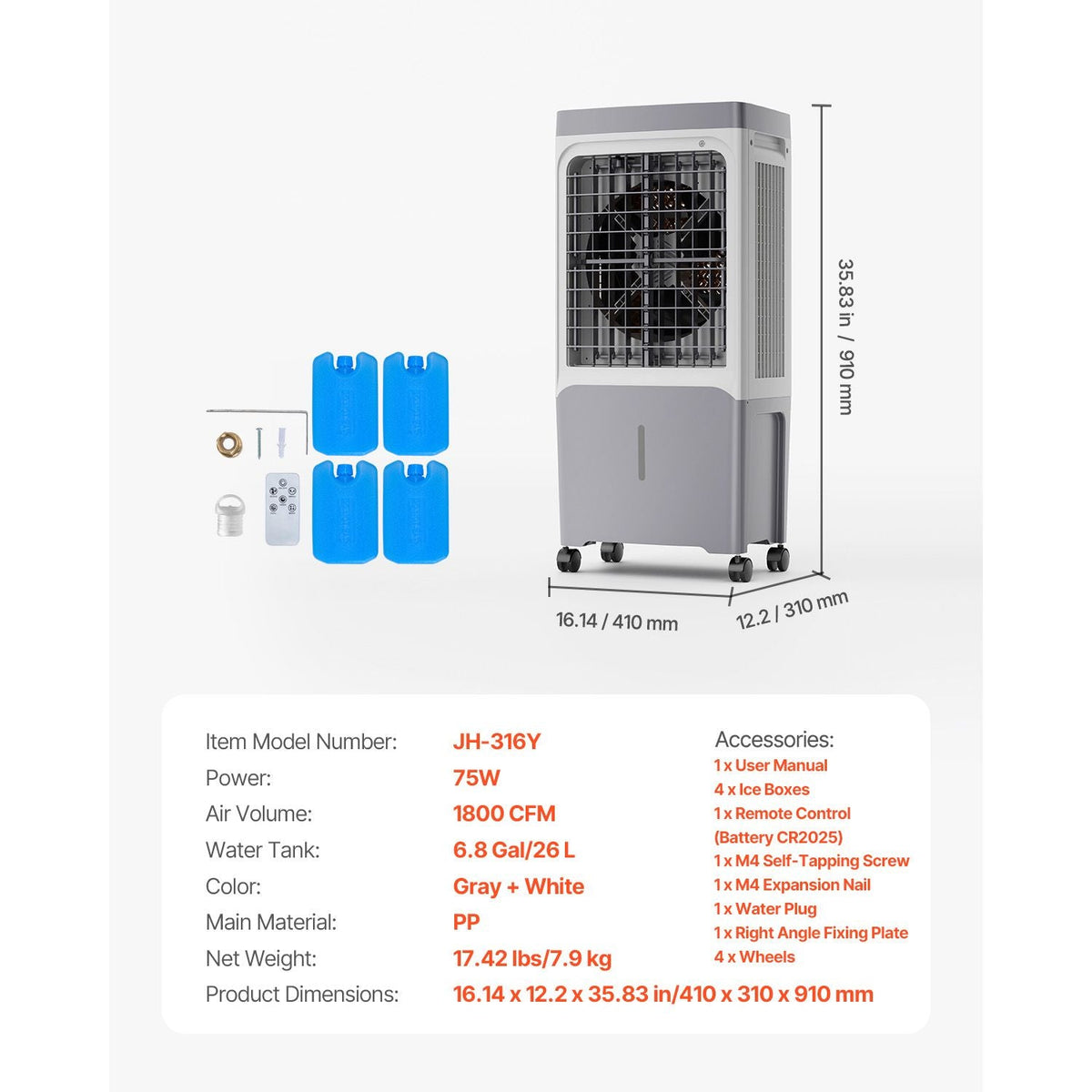 Evaporative Air Cooler, 1800 CFM with 6.8 Gallon Water Tank Swamp Cooler, Portable Cooling Fan with Remote Control, 12H Timer, 4 Ice Boxes, Quiet Operation, 3 Wind Speeds for Outdoor Indoor Use