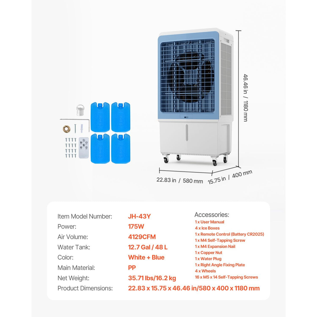 Evaporative Air Cooler, 4129 CFM with 12.7 Gallon Water Tank Swamp Cooler, Portable Cooling Fan with Remote Control, 12H Timer, 4 Ice Boxes, Quiet Operation, 3 Wind Speeds for Outdoor Indoor Use