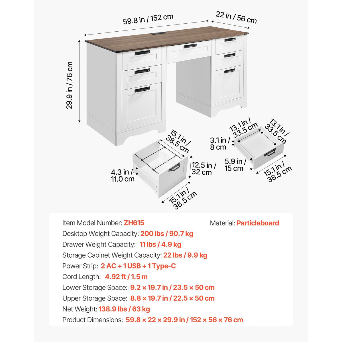 Executive Desk, Farmhouse Office Table with Charging Station, Heavy Duty Particle Board Executive Table with Storage Drawers, 200 LBS Load Capacity, Easy Assembly, for Work Study Writing, Walnut