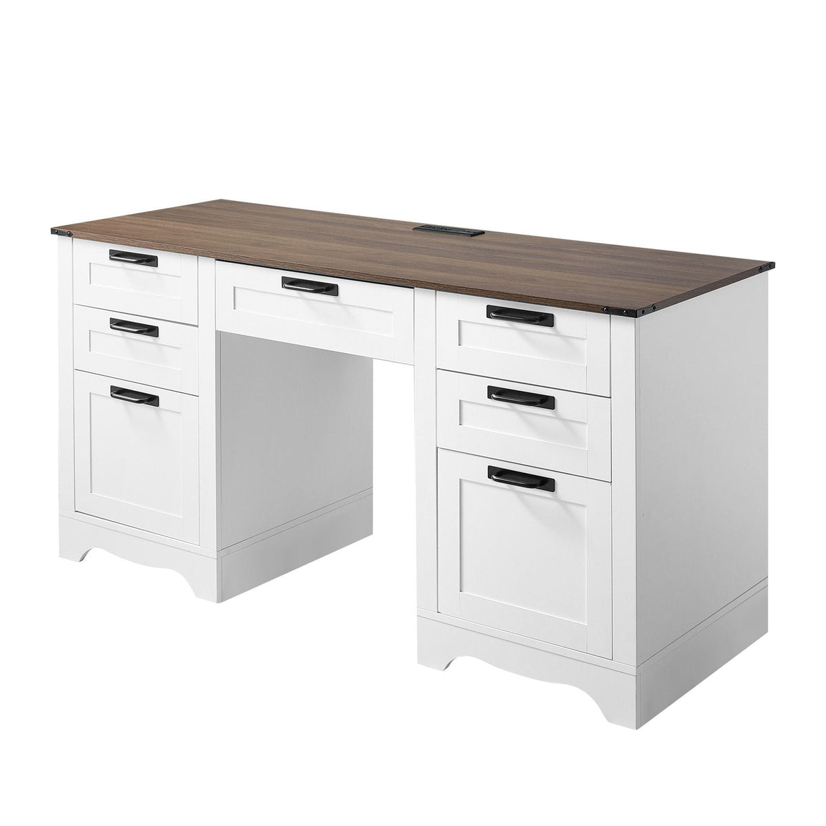Executive Desk, Farmhouse Office Table with Charging Station, Heavy Duty Particle Board Executive Table with Storage Drawers, 200 LBS Load Capacity, Easy Assembly, for Work Study Writing, Walnut