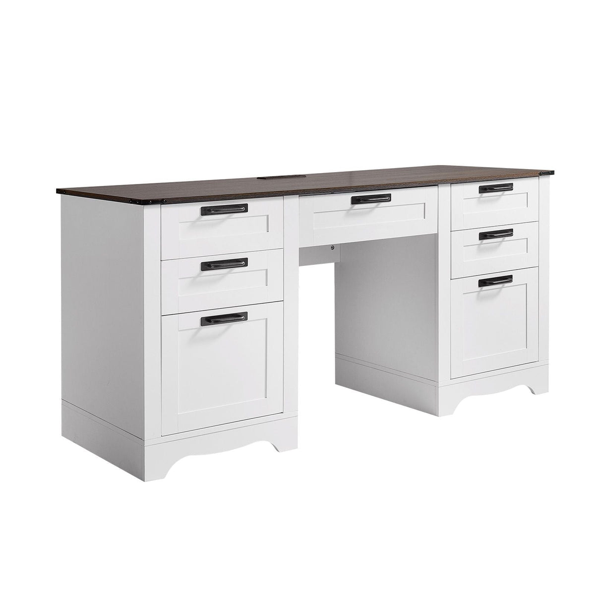 Executive Desk, Farmhouse Office Table with Charging Station, Heavy Duty Particle Board Executive Table with Storage Drawers, 200 LBS Load Capacity, Easy Assembly, for Work Study Writing, Walnut