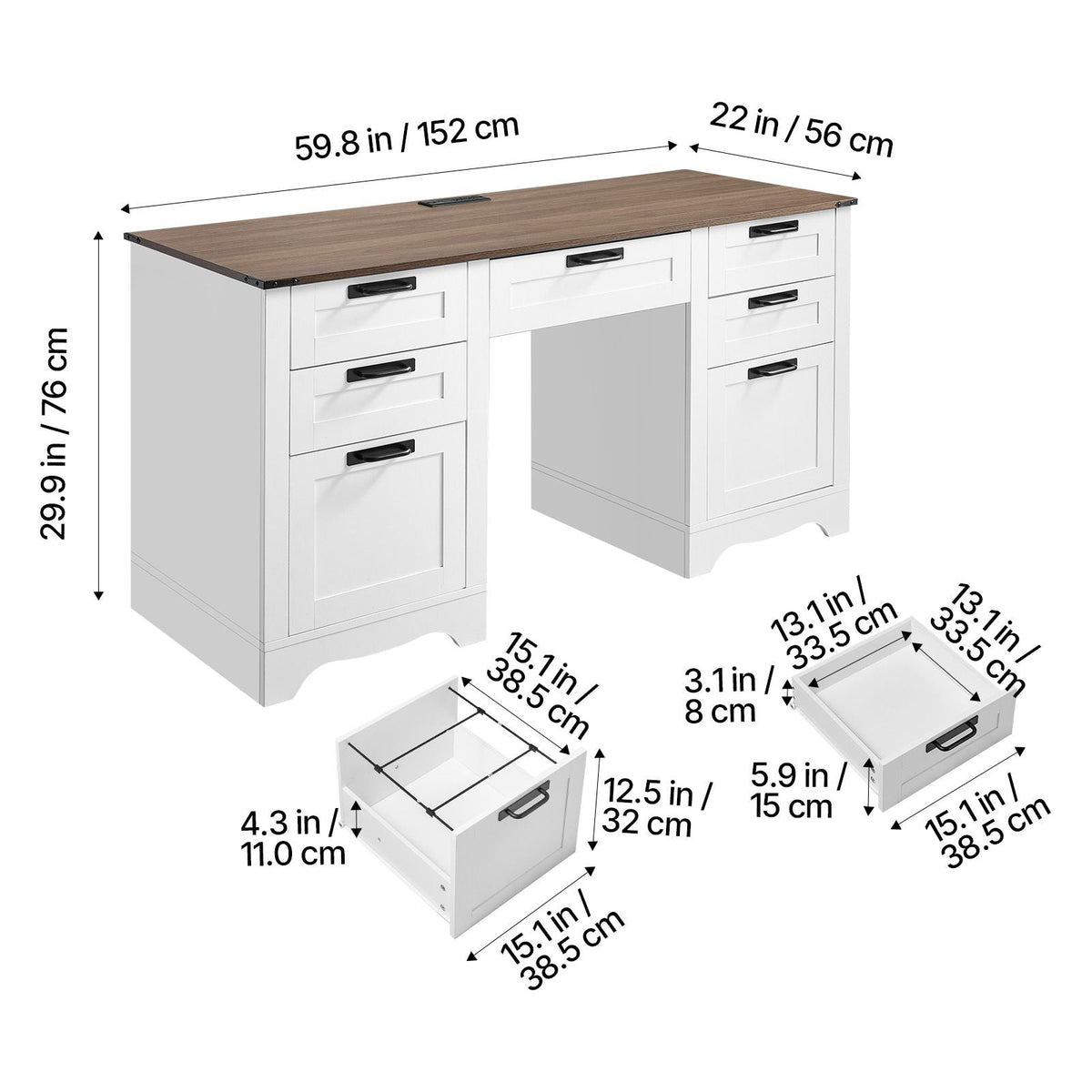 Executive Desk, Farmhouse Office Table with Charging Station, Heavy Duty Particle Board Executive Table with Storage Drawers, 200 LBS Load Capacity, Easy Assembly, for Work Study Writing, Walnut