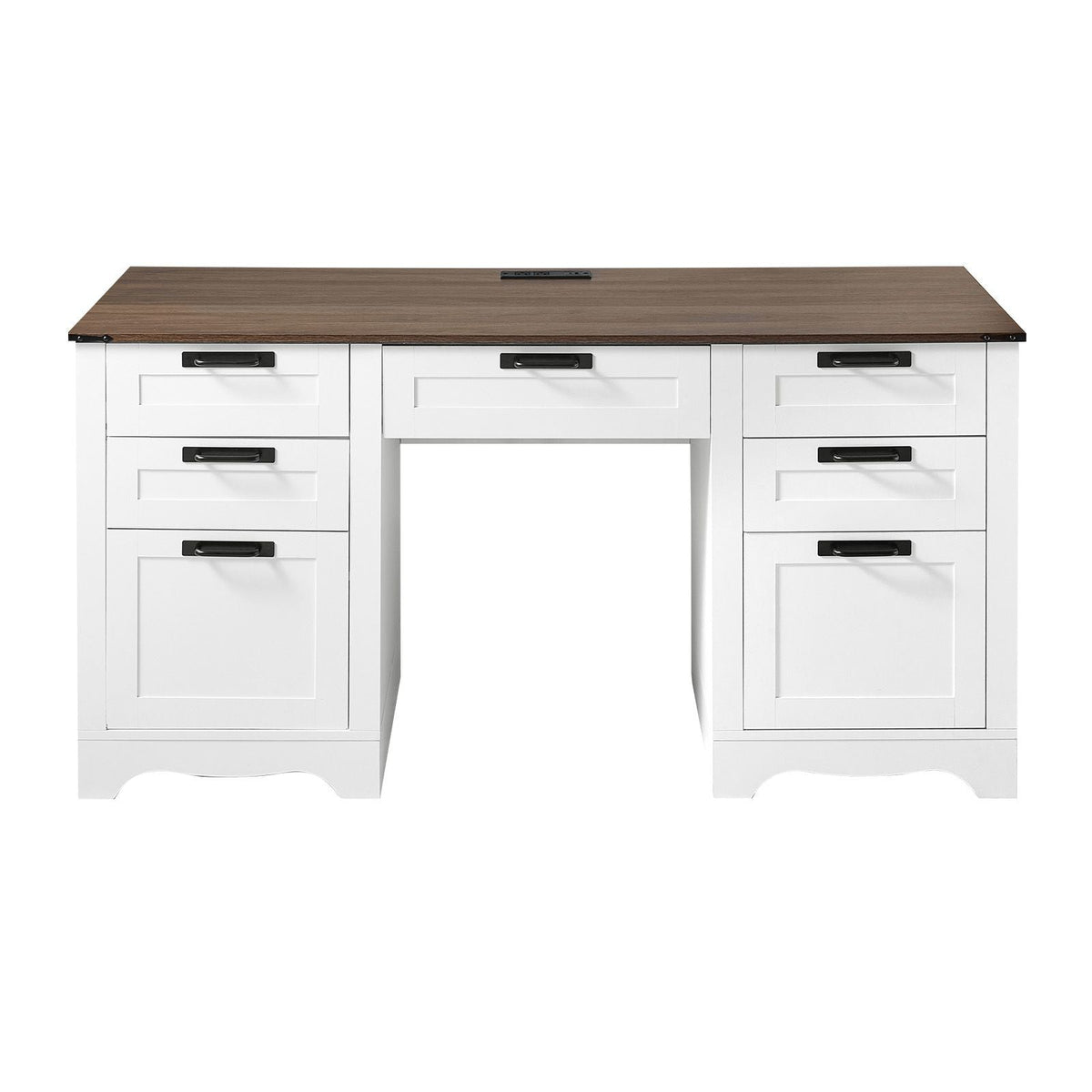 Executive Desk, Farmhouse Office Table with Charging Station, Heavy Duty Particle Board Executive Table with Storage Drawers, 200 LBS Load Capacity, Easy Assembly, for Work Study Writing, Walnut