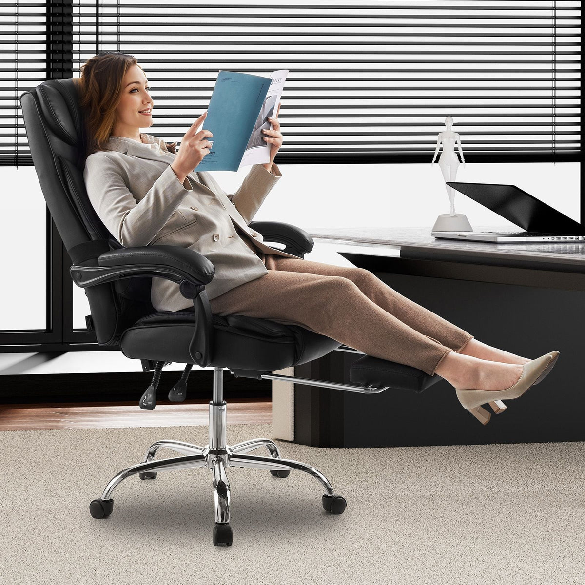 Executive Office Chair with Footrest, 300lb Capacity Office Chair with Lumbar Pillow, Height Adjustable Ergonomic Chair, PU Leather Reclining Home Office Desk Chairs, Black