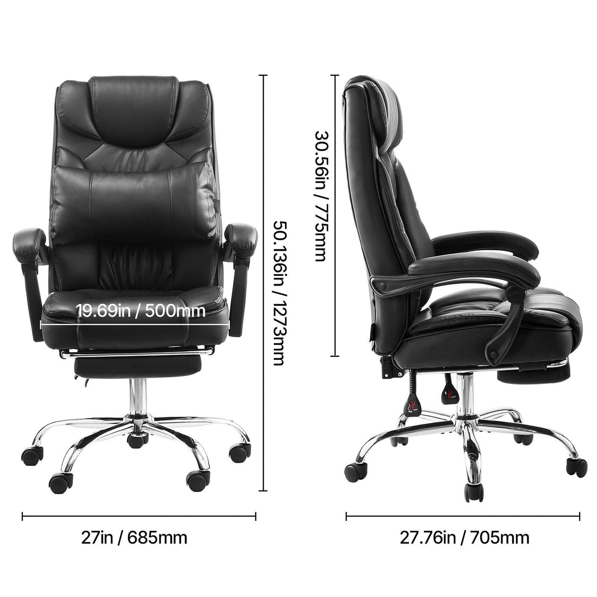 Executive Office Chair with Footrest, 300lb Capacity Office Chair with Lumbar Pillow, Height Adjustable Ergonomic Chair, PU Leather Reclining Home Office Desk Chairs, Black