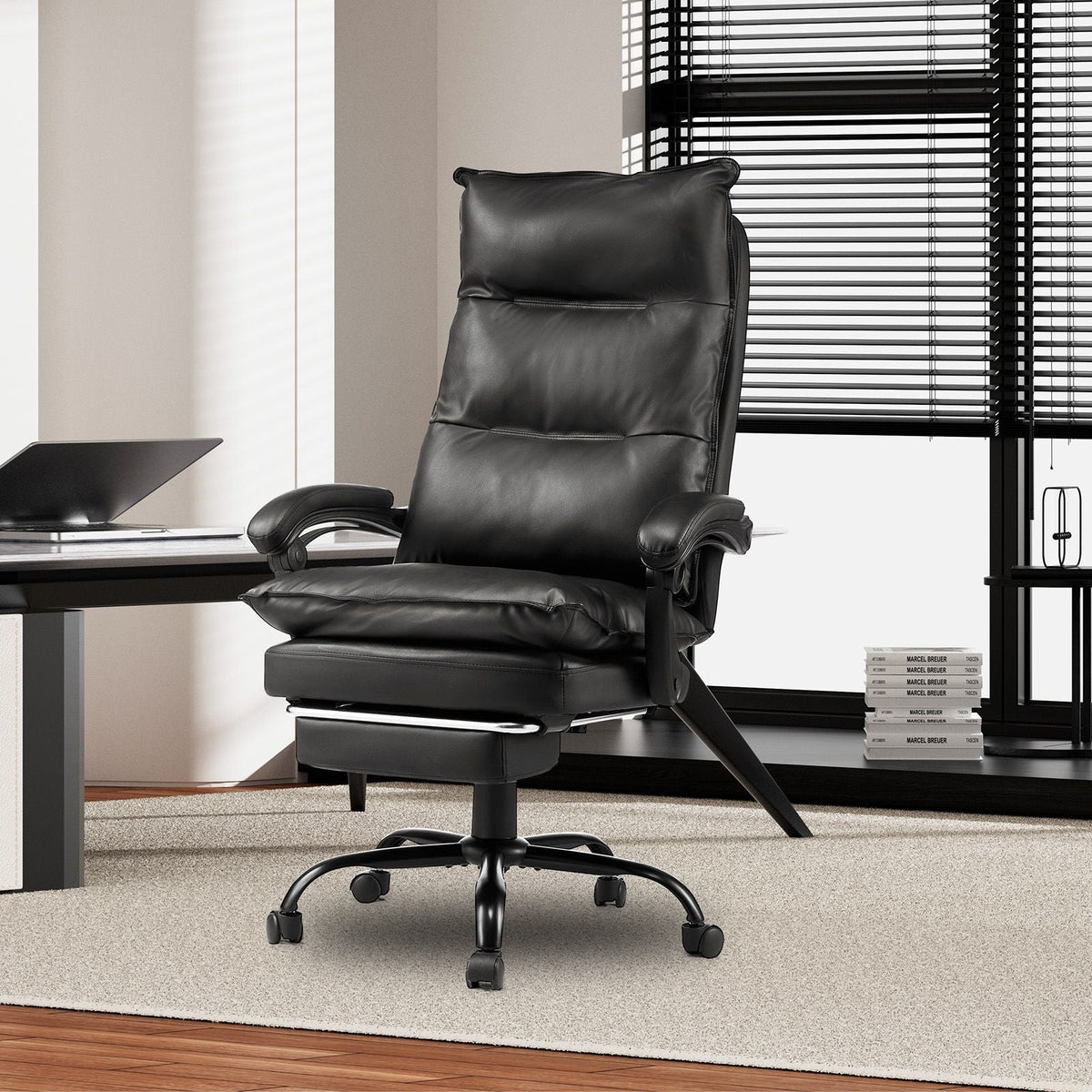 Executive Office Chair with Footrest, 400lb Capacity Office Chair with Lumbar Pillow, Heavy Duty Ergonomic Chair, Height Adjustable PU Leather Reclining Home Office Desk Chairs