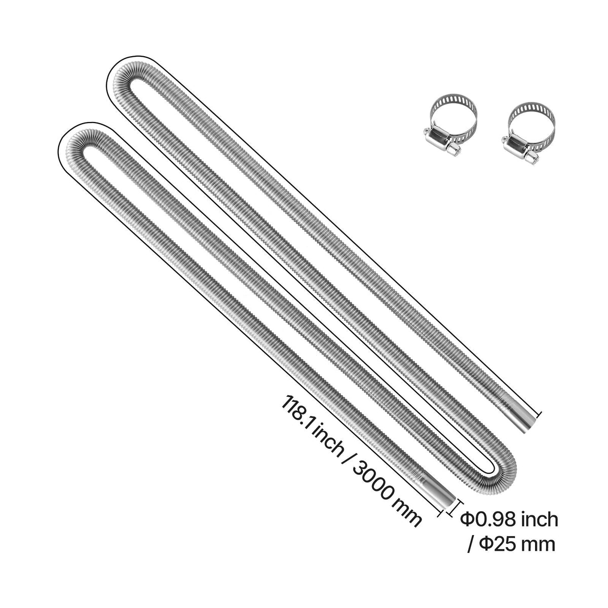 Exhaust Hose, 118.1 inch Stainless Steel Exhausts Hose, Diesel Heater Flexible Exhaust Pipe with 2 Hose Clamps, Exhausts Hoses Kit Diesel Heater Accessories for 2KW 5KW 8KW Diesels Heaters