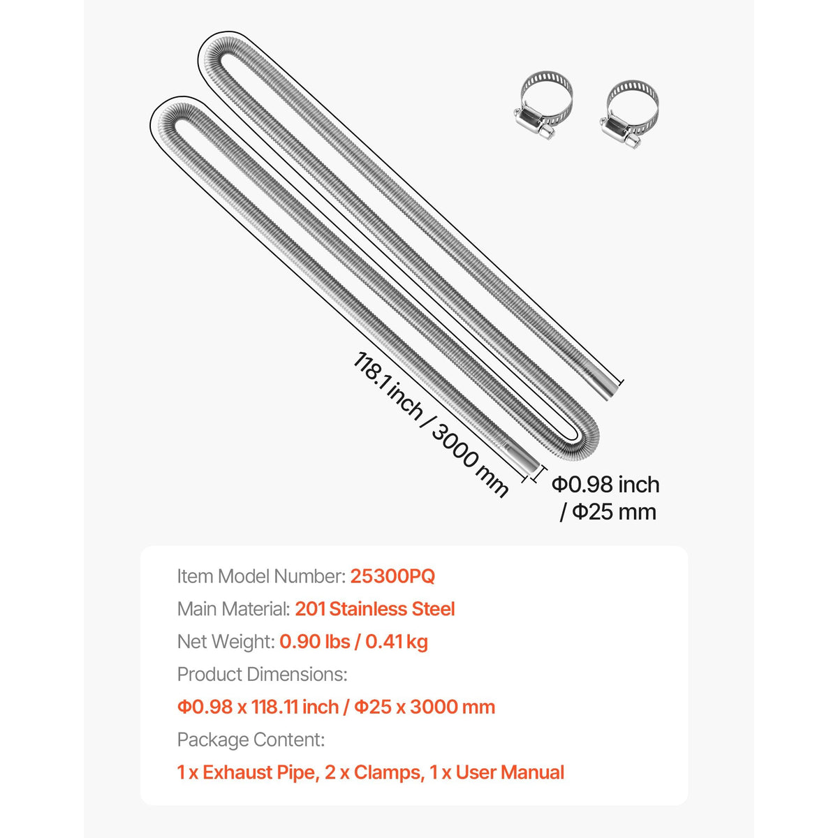Exhaust Hose, 118.1 inch Stainless Steel Exhausts Hose, Diesel Heater Flexible Exhaust Pipe with 2 Hose Clamps, Exhausts Hoses Kit Diesel Heater Accessories for 2KW 5KW 8KW Diesels Heaters