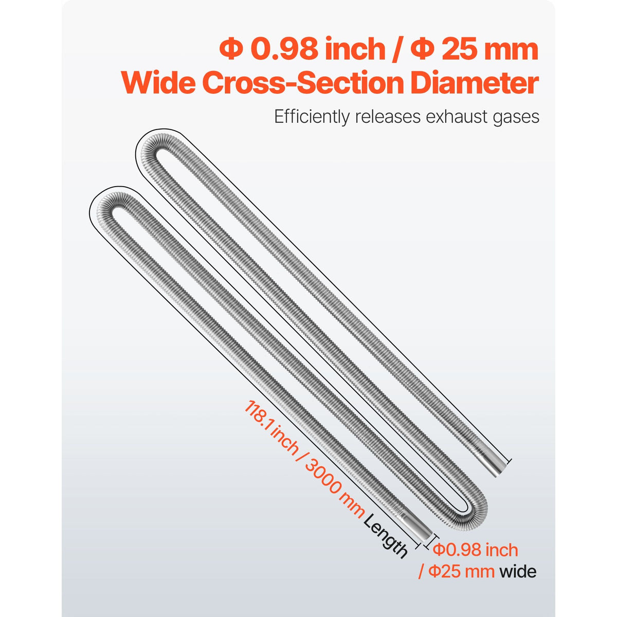 Exhaust Hose, 118.1 inch Stainless Steel Exhausts Hose, Diesel Heater Flexible Exhaust Pipe with 2 Hose Clamps, Exhausts Hoses Kit Diesel Heater Accessories for 2KW 5KW 8KW Diesels Heaters
