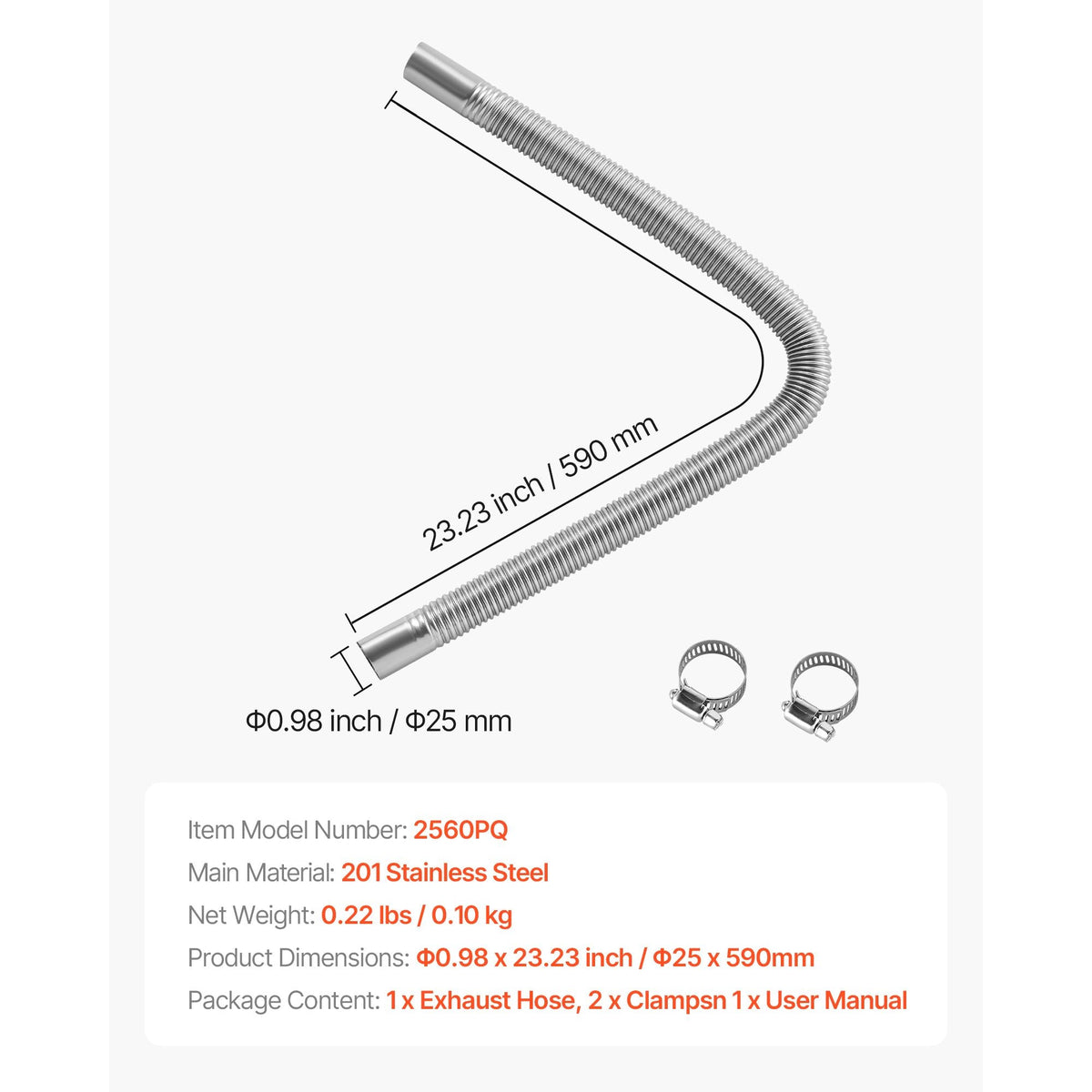 Exhaust Hose, 23.6 inch Diesel Heater Flexible Exhaust Pipe, Stainless Steel Exhausts Hoses with 2 Hose Clamps, Air Diesel Parking Heater Exhausts Hoses Line for 2KW 5KW 8KW Diesels Heaters