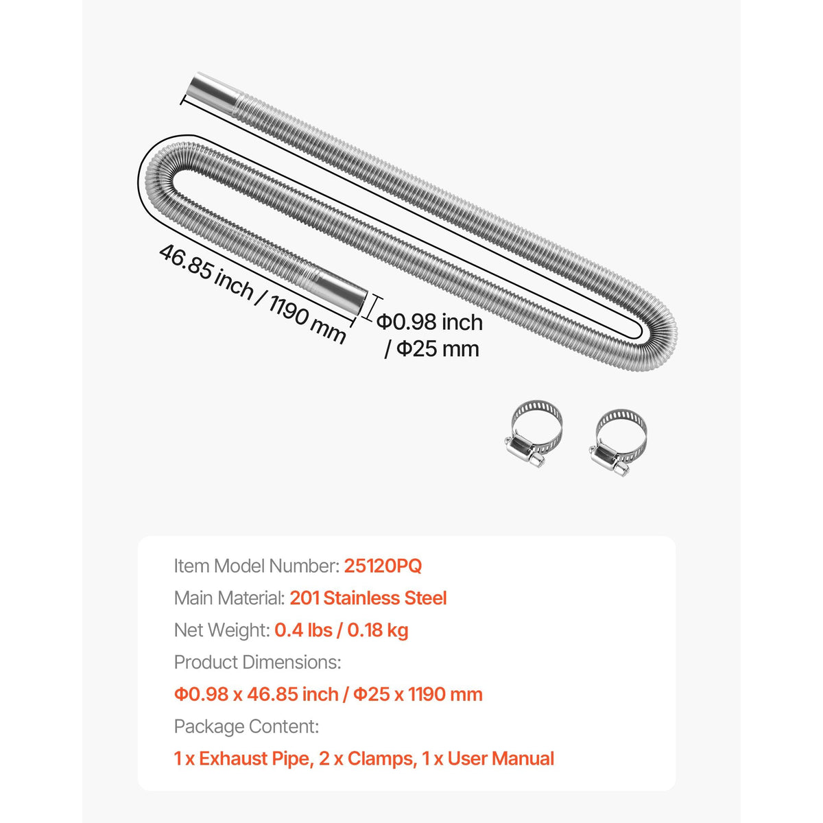 Exhaust Hose, 47.2 inch Diesel Heater Flexible Exhaust Pipe, Stainless Steel Exhausts Hose with 2 Hose Clamps, Exhausts Hoses Kit Diesel Heater Accessories for 2KW 5KW 8KW Diesels Heaters