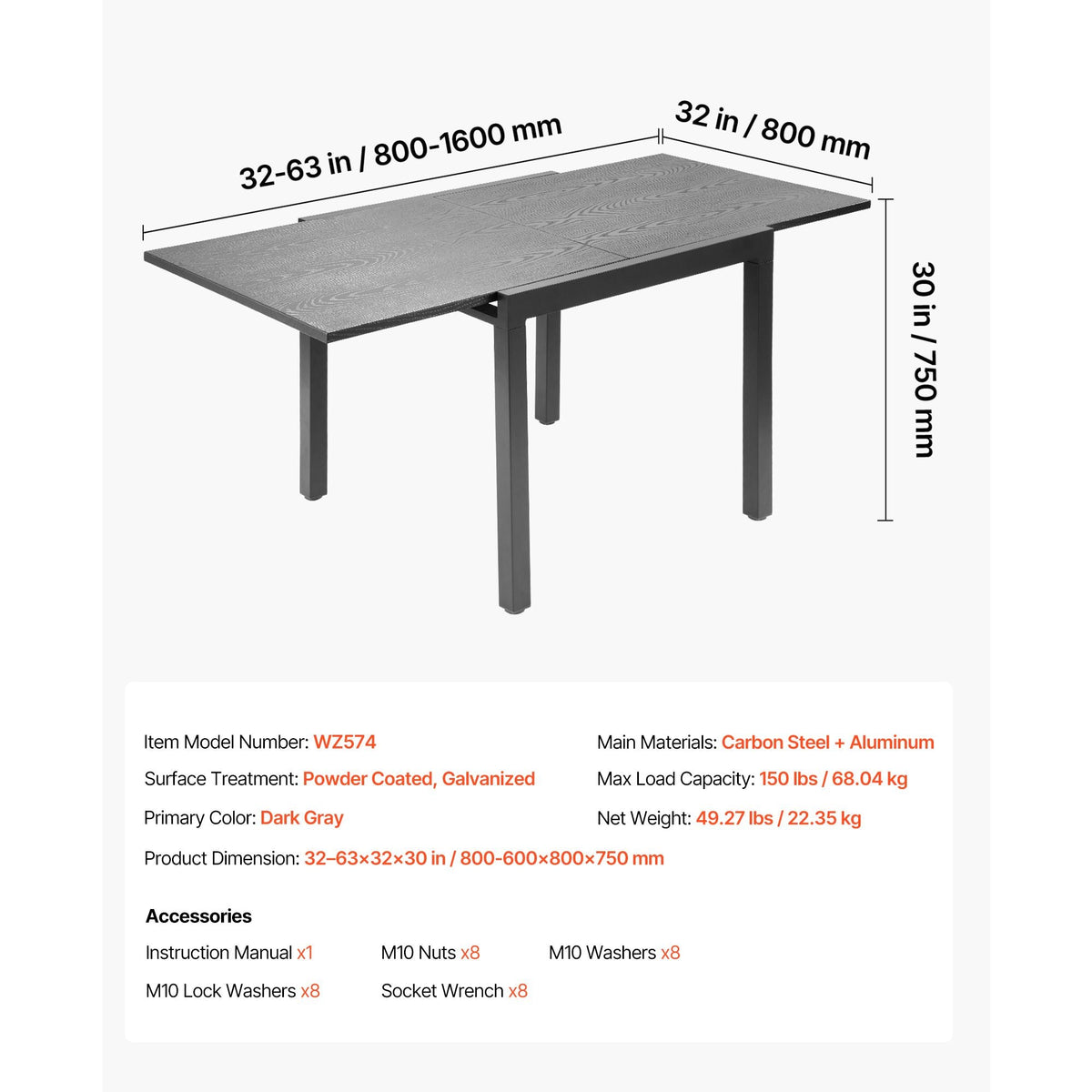 Expandable Outdoor Patio Dining Table, 32–63 inch Rectangular Backyard Bistro Tables for 4-6, Aluminum Frame Metal Steel Slat , All-Weather Large Furniture for Lawn Garden Porch, Dark Gray