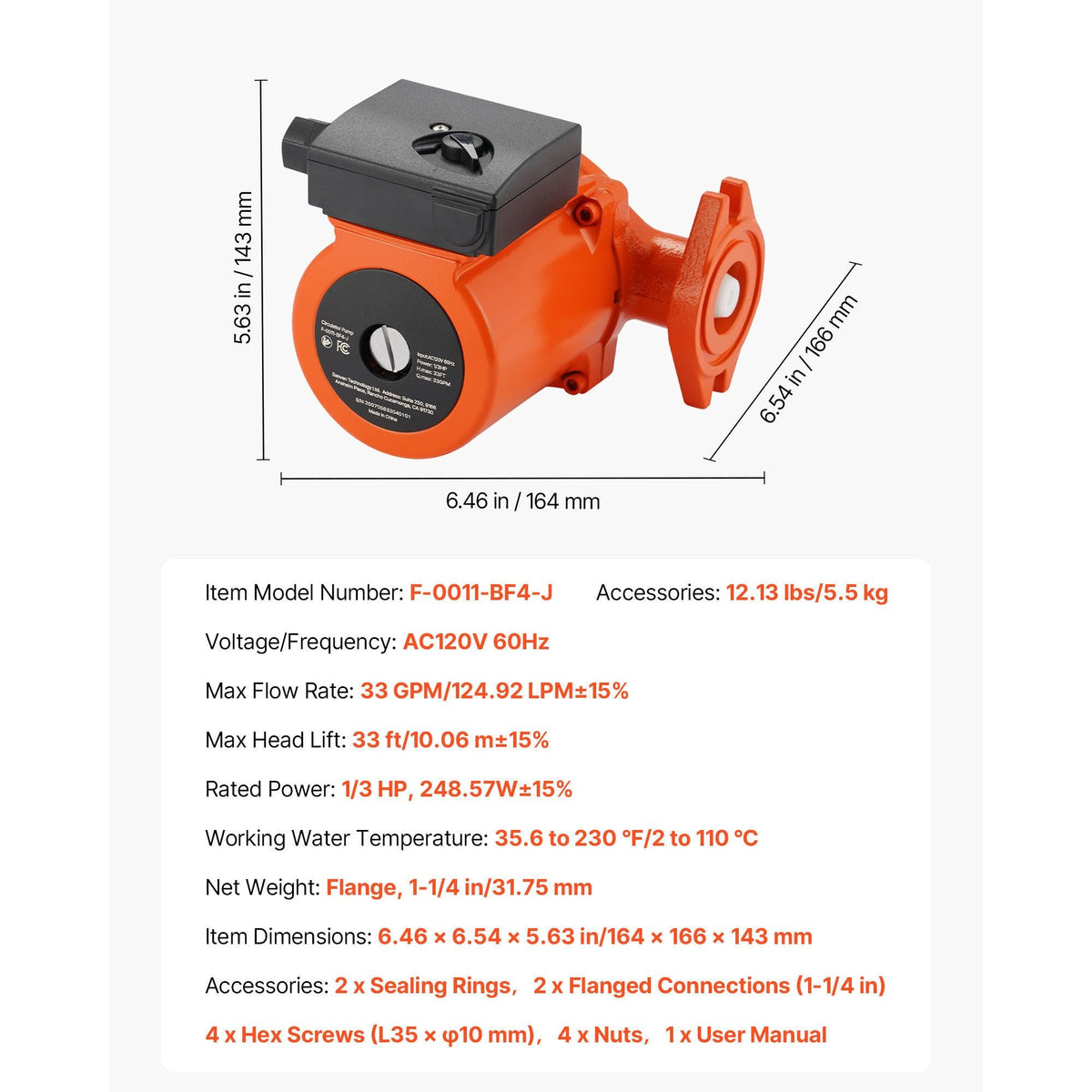 F-0011-BF4-J Cast Iron Circulator Pump, 33 GPM, AC 120V 33 ft Hot Water Recirculating Circulation Pump, 1-1/4 in Flange Connection, 3-Speed Adjustment, Quiet Operation, for Home Heating System