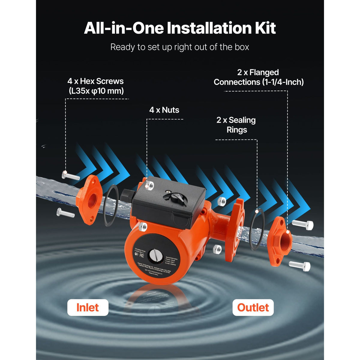 F-0011-BF4-J Cast Iron Circulator Pump, 33 GPM, AC 120V 33 ft Hot Water Recirculating Circulation Pump, 1-1/4 in Flange Connection, 3-Speed Adjustment, Quiet Operation, for Home Heating System