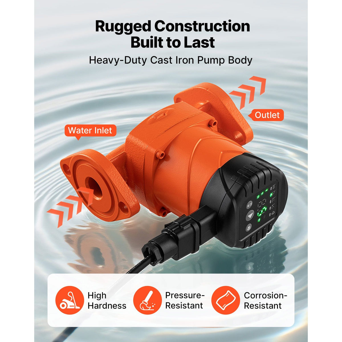 F-007E-1F1 High Efficiency Circulator Pump, 16 GPM, 120V 20 ft Cast Iron Hot Water Recirculating Circulation Pump, 1 in Flange Connection, Check Valve, Quiet Operation, for Home Heating System
