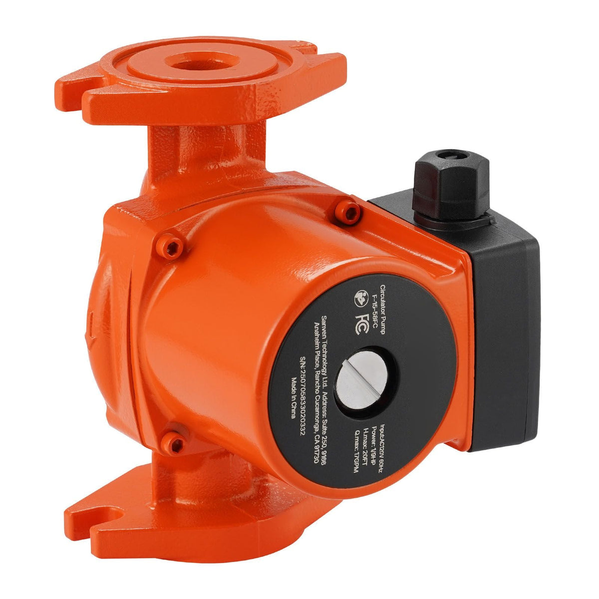 F-15-58FC Cast Iron Circulator Pump, 17 GPM, AC 120V 20 ft Hot Water Recirculating Circulation Pump, 1-Inch Flange Connection, 3-Speed Adjustment, Quiet Operation, for Home Water Heating System