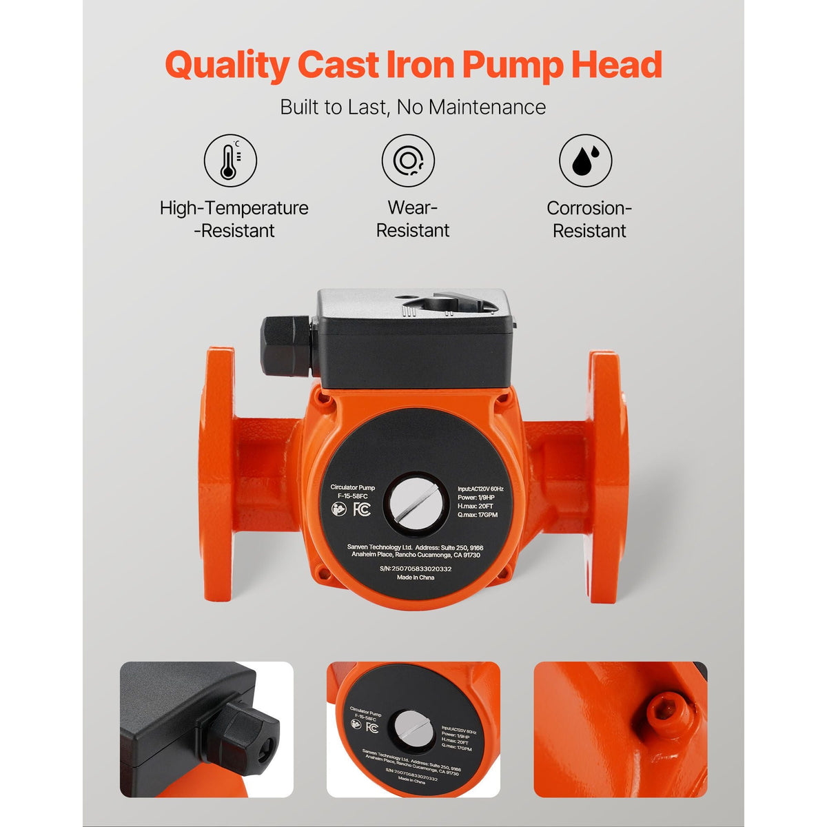 F-15-58FC Cast Iron Circulator Pump, 17 GPM, AC 120V 20 ft Hot Water Recirculating Circulation Pump, 1-Inch Flange Connection, 3-Speed Adjustment, Quiet Operation, for Home Water Heating System