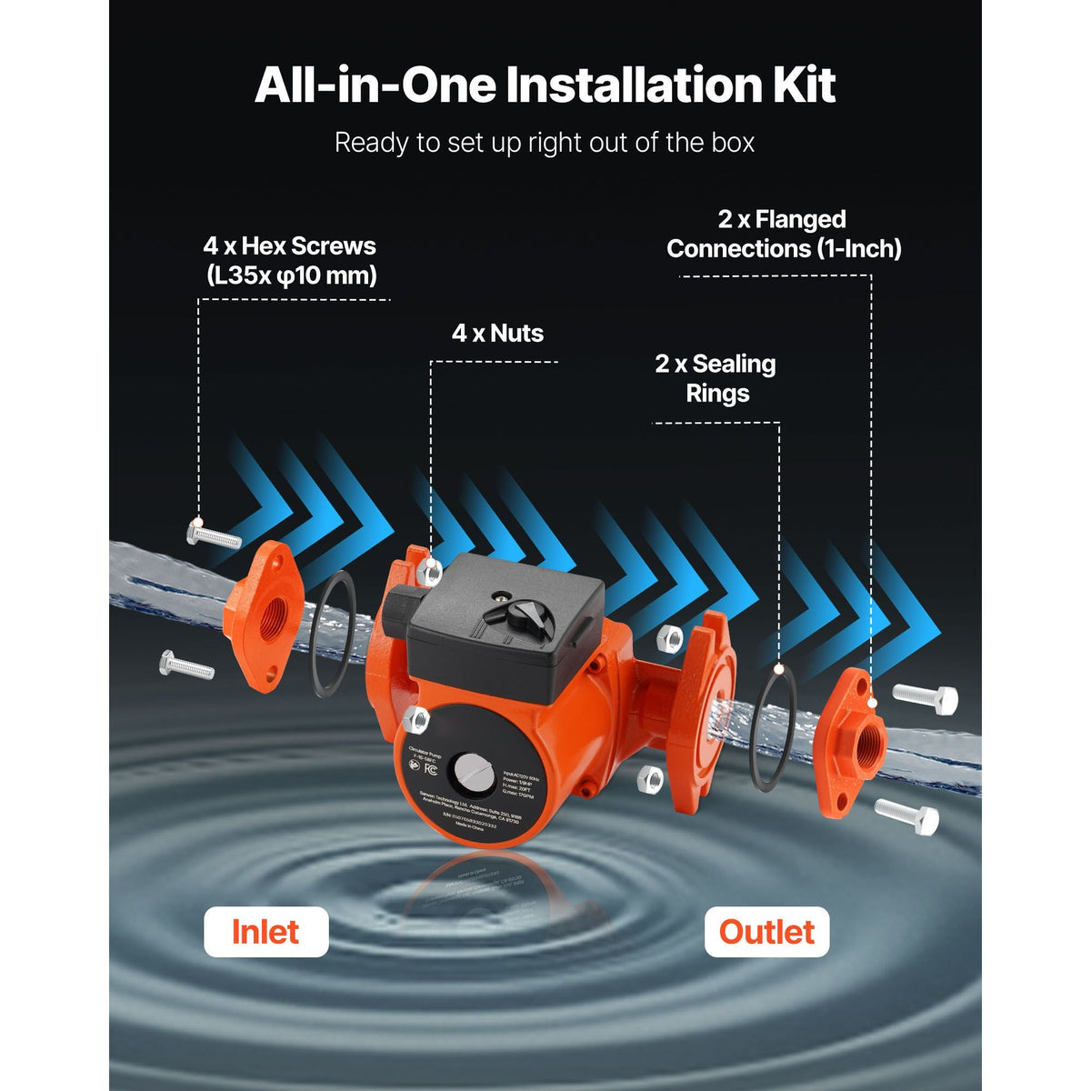F-15-58FC Cast Iron Circulator Pump, 17 GPM, AC 120V 20 ft Hot Water Recirculating Circulation Pump, 1-Inch Flange Connection, 3-Speed Adjustment, Quiet Operation, for Home Water Heating System