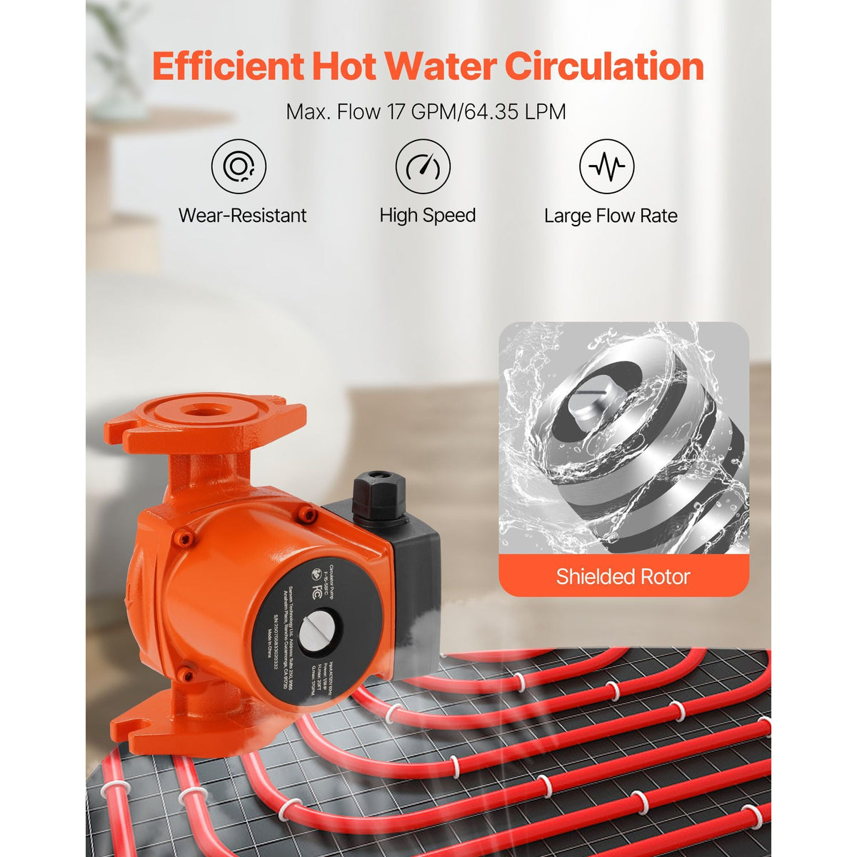 F-15-58FC Cast Iron Circulator Pump, 17 GPM, AC 120V 20 ft Hot Water Recirculating Circulation Pump, 1-Inch Flange Connection, 3-Speed Adjustment, Quiet Operation, for Home Water Heating System