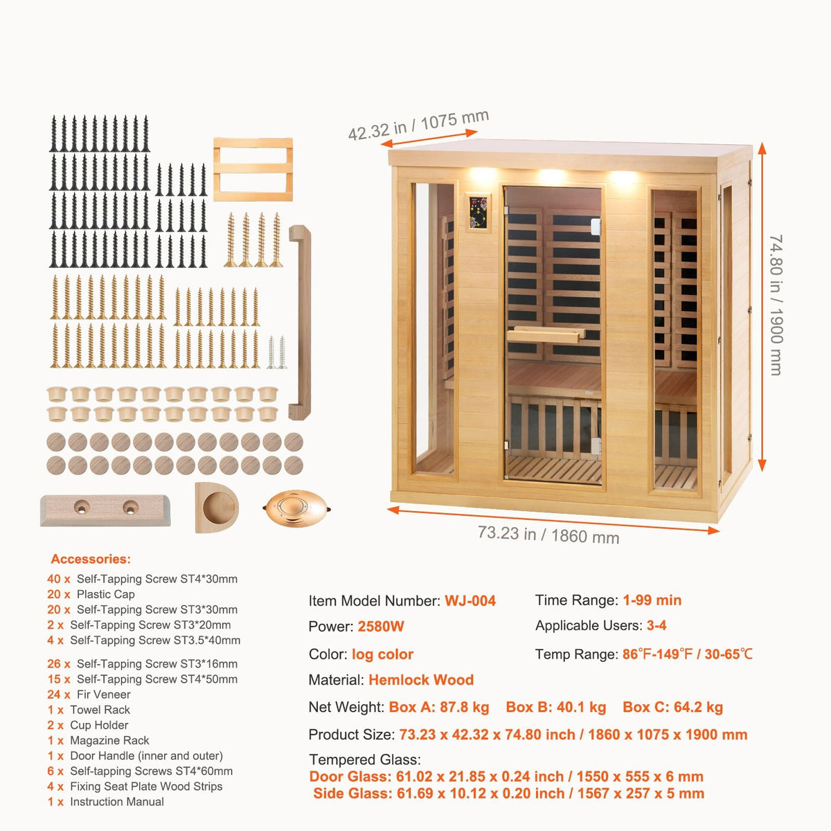 Far Infrared Wooden Sauna, Room Home Sauna Spa for 3 to 4 Person, Low EMF Far Infrared Hemlock Wood Sauna with Tempered Glass Door & Bluetooth Speakers & Chromotherapy Lights, 2580W Indoor