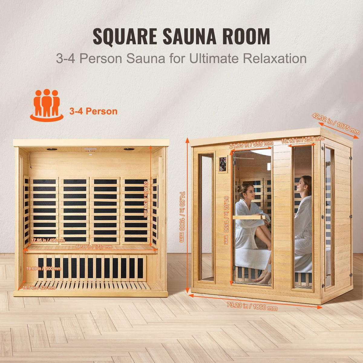 Far Infrared Wooden Sauna, Room Home Sauna Spa for 3 to 4 Person, Low EMF Far Infrared Hemlock Wood Sauna with Tempered Glass Door & Bluetooth Speakers & Chromotherapy Lights, 2580W Indoor