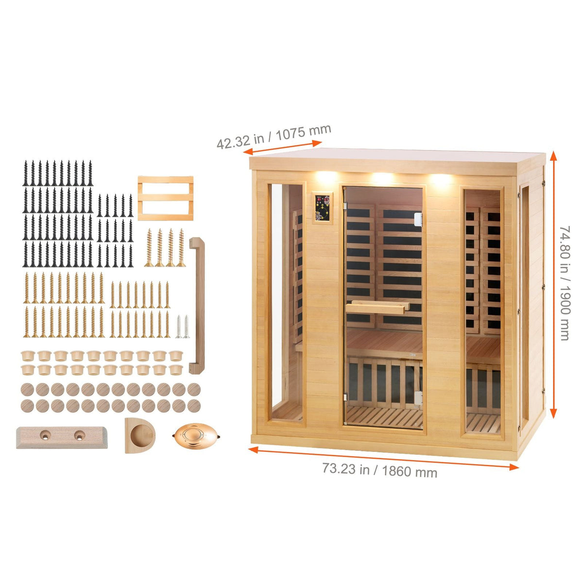 Far Infrared Wooden Sauna, Room Home Sauna Spa for 3 to 4 Person, Low EMF Far Infrared Hemlock Wood Sauna with Tempered Glass Door & Bluetooth Speakers & Chromotherapy Lights, 2580W Indoor