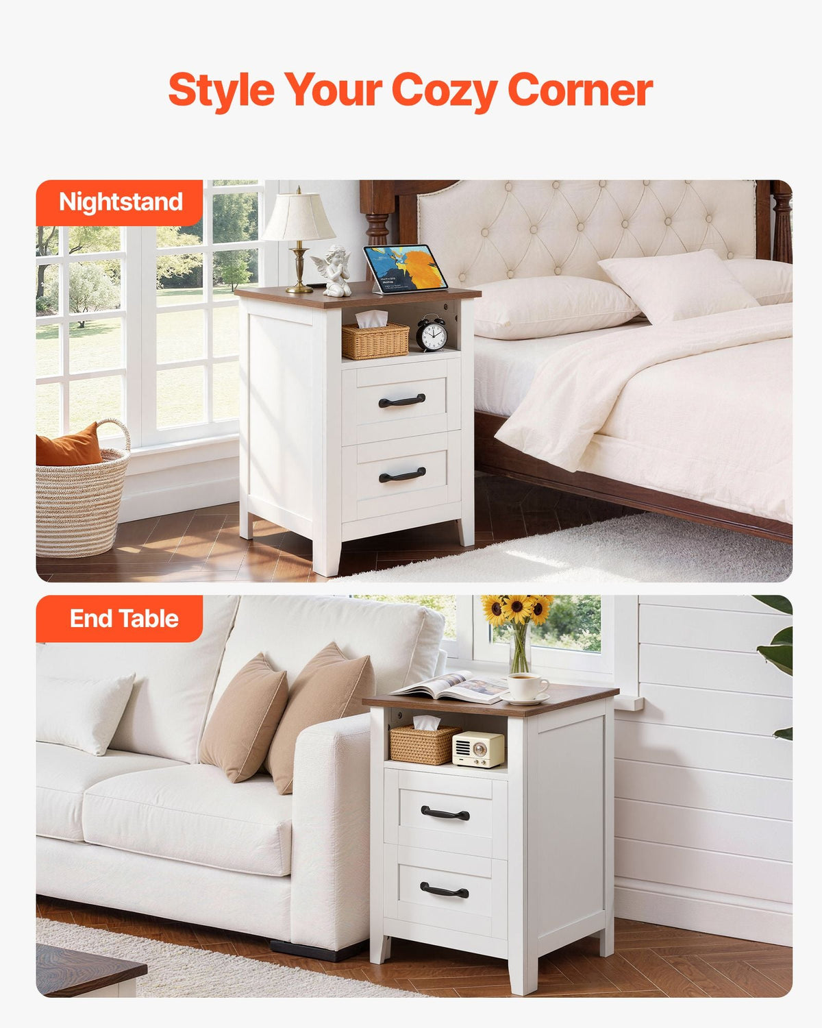 Farmhouse Nightstand, with Charging Station, End Table with 2 Drawers and Open Shelf, Bedside Storage Cabinet, Rustic Side Table with USB Port and AC Outlets, for Bedroom, Living Room, White