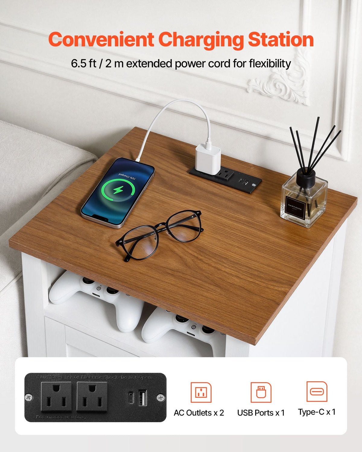 Farmhouse Nightstand, with Charging Station, End Table with 2 Drawers and Open Shelf, Bedside Storage Cabinet, Rustic Side Table with USB Port and AC Outlets, for Bedroom, Living Room, White