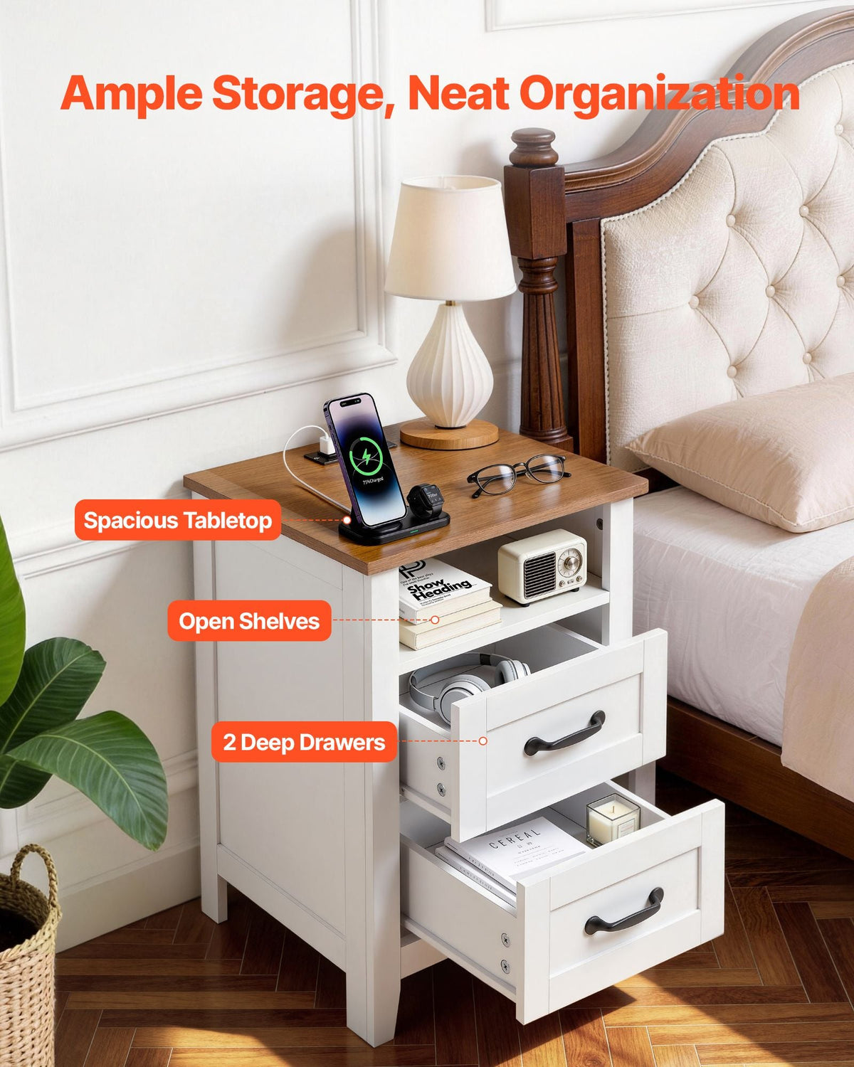 Farmhouse Nightstand, with Charging Station, End Table with 2 Drawers and Open Shelf, Bedside Storage Cabinet, Rustic Side Table with USB Port and AC Outlets, for Bedroom, Living Room, White