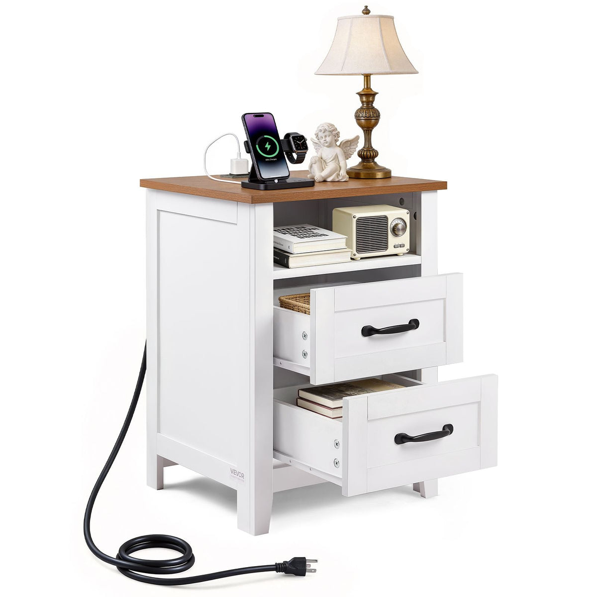 Farmhouse Nightstand, with Charging Station, End Table with 2 Drawers and Open Shelf, Bedside Storage Cabinet, Rustic Side Table with USB Port and AC Outlets, for Bedroom, Living Room, White