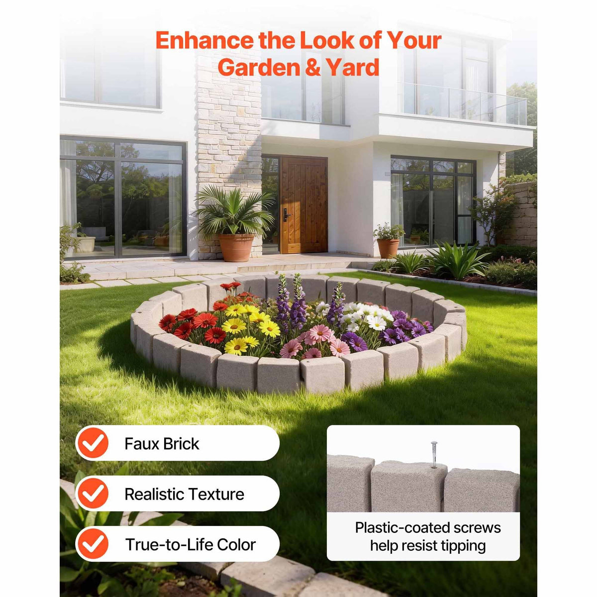 Faux Stone Landscape Edging, 15.5 ft Kit, No Dig Garden Edging Border, Blocks for Lawn, Flower Beds, Yards, 4 Pack Each Section Has 6 Bricks 46.85"L x 3.94"W x 6.1"H, 9 Spikes & End Cap, Beige