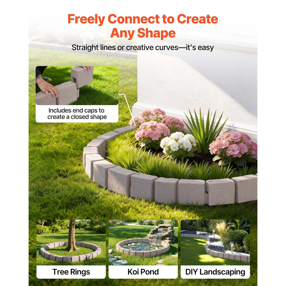 Faux Stone Landscape Edging, 15.5 ft Kit, No Dig Garden Edging Border, Blocks for Lawn, Flower Beds, Yards, 4 Pack Each Section Has 6 Bricks 46.85"L x 3.94"W x 6.1"H, 9 Spikes & End Cap, Beige