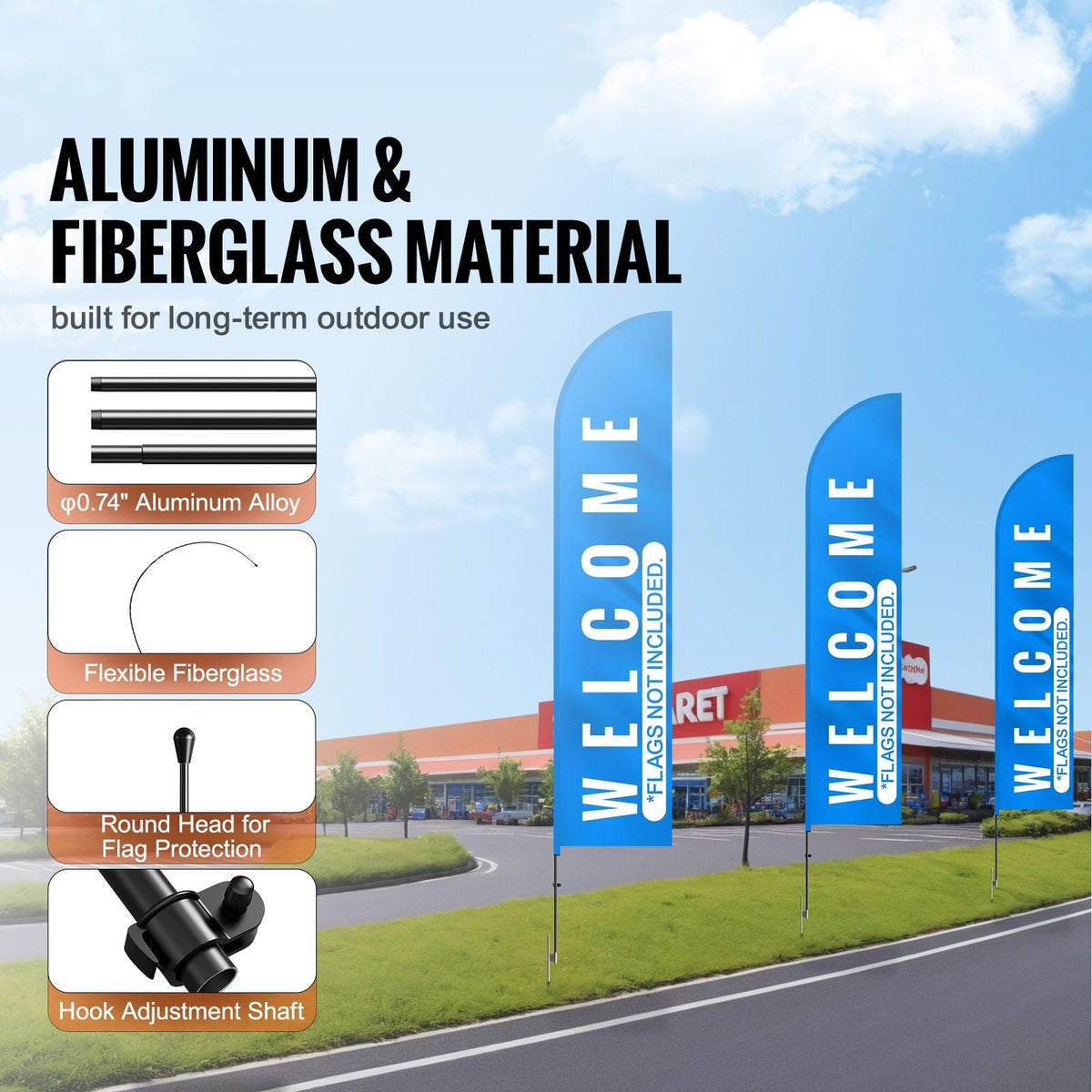 Feather Flag Pole Kit, 3 Packs Swooper Flag Pole 16.3 ft, Sign Flag Poles for Business Advertising Flags Outdoor, with Ground Stakes and A Carrying Bag (Flag Not Included)
