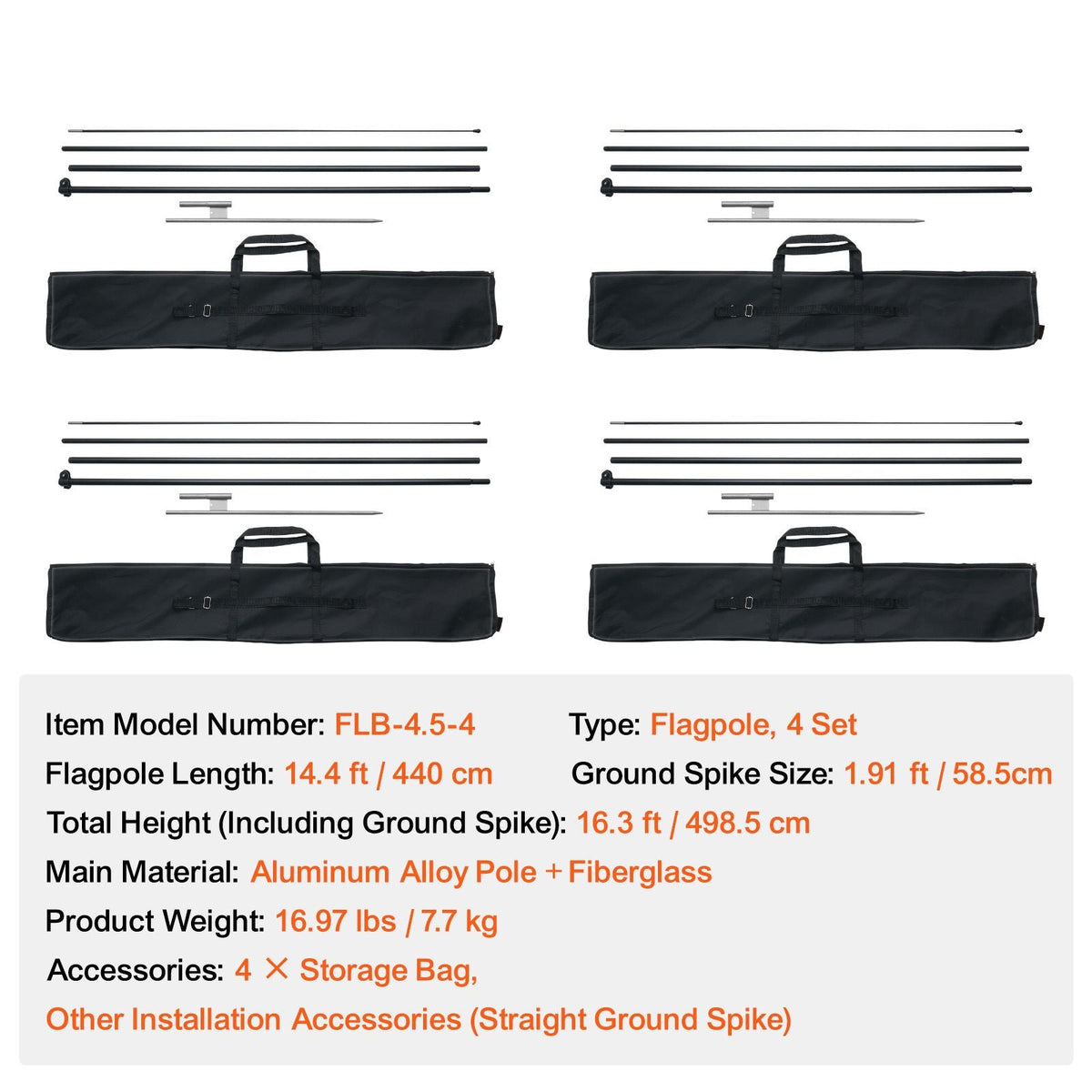 Feather Flag Pole Kit, 4 Packs Swooper Flag Pole 16.3 ft, Sign Flag Poles for Business Advertising Flags Outdoor, with Ground Stakes and A Carrying Bag (Flag Not Included)