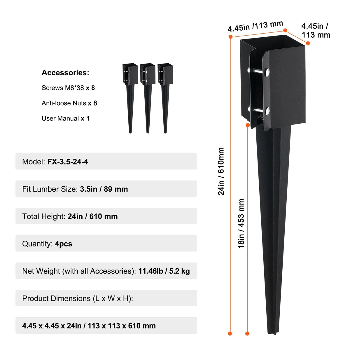 Fence Post Anchor Ground Spike, 4 Pack 24 x 4 x 4 Inches Outer Diameter (Inner Diameter 3.5 x3.5 Inches), Metal Black Powder Coated Post Stake Ground, for Mailbox Deck Garden Railing