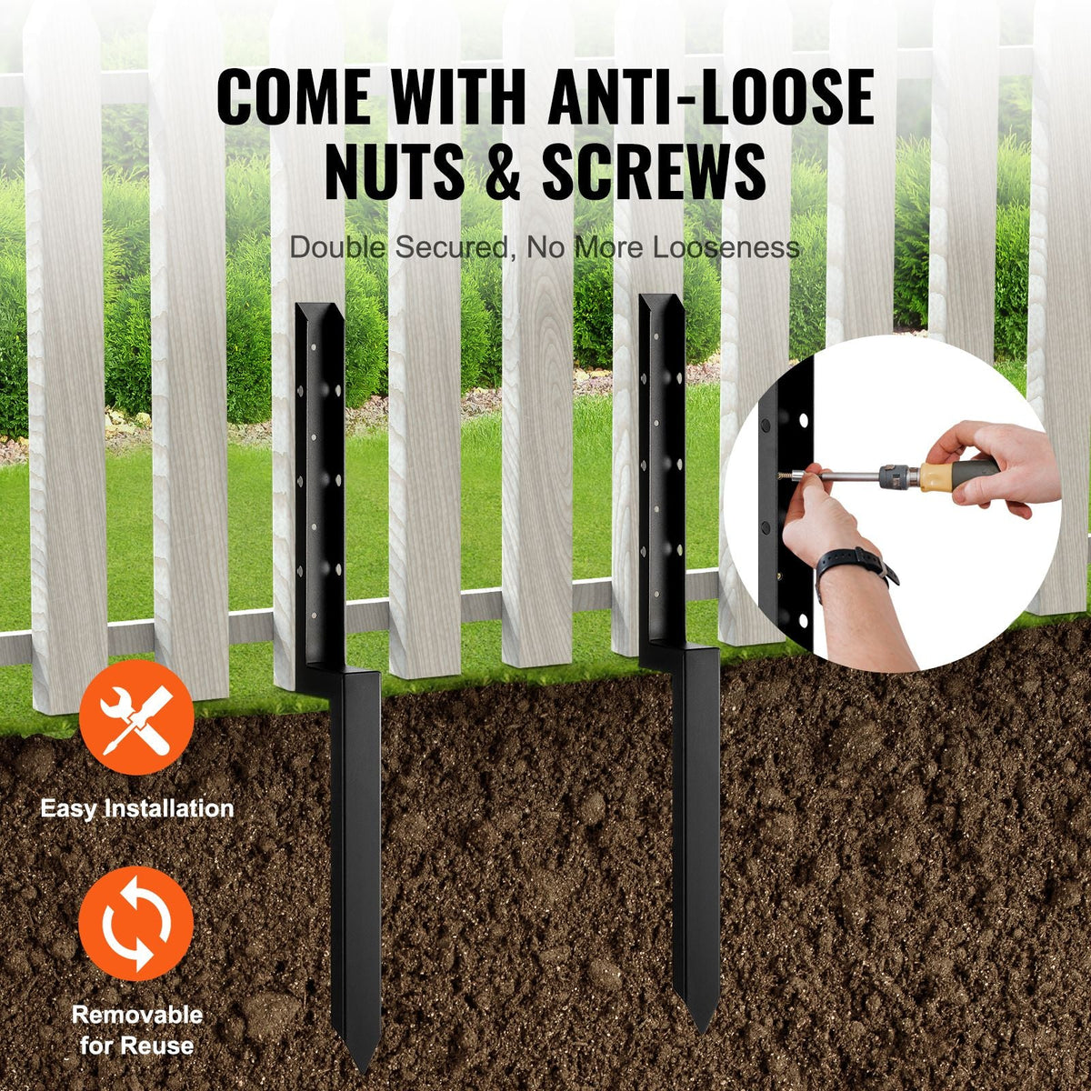 Fence Post Anchor Repair Kit, 2 Pack Inner Diameter 2 x2 Inches Heavy Duty Steel Fence Post Support Stakes, Anchor Ground Spike for Repair Tilted, Broken Wood Fence Post