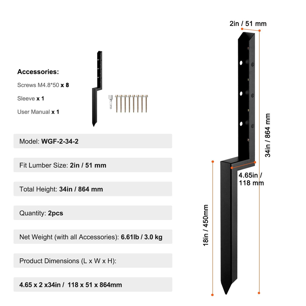 Fence Post Anchor Repair Kit, 2 Pack Inner Diameter 2 x2 Inches Heavy Duty Steel Fence Post Support Stakes, Anchor Ground Spike for Repair Tilted, Broken Wood Fence Post