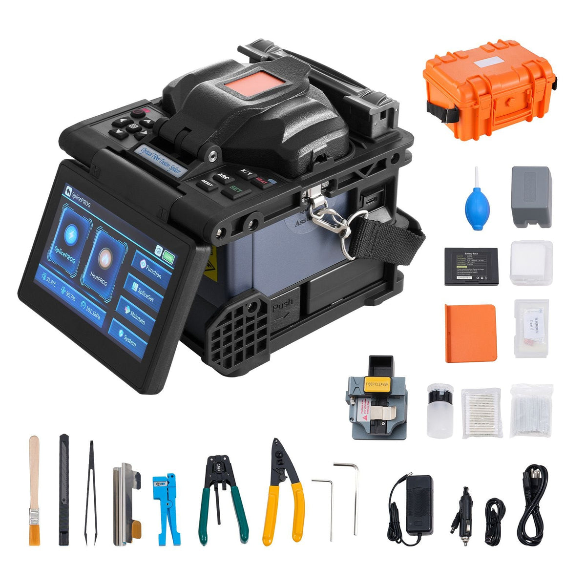 Fiber Fusion Splicer 6-Motor, Core Alignment Fiber Optic Splicer 6s Splicing & 13s Heating, Fiber Splicer Machine with 5" LCD Screen, 3 in 1 Fiber Holder, 7800mAh Battery for SM MM DS NZDS Fiber
