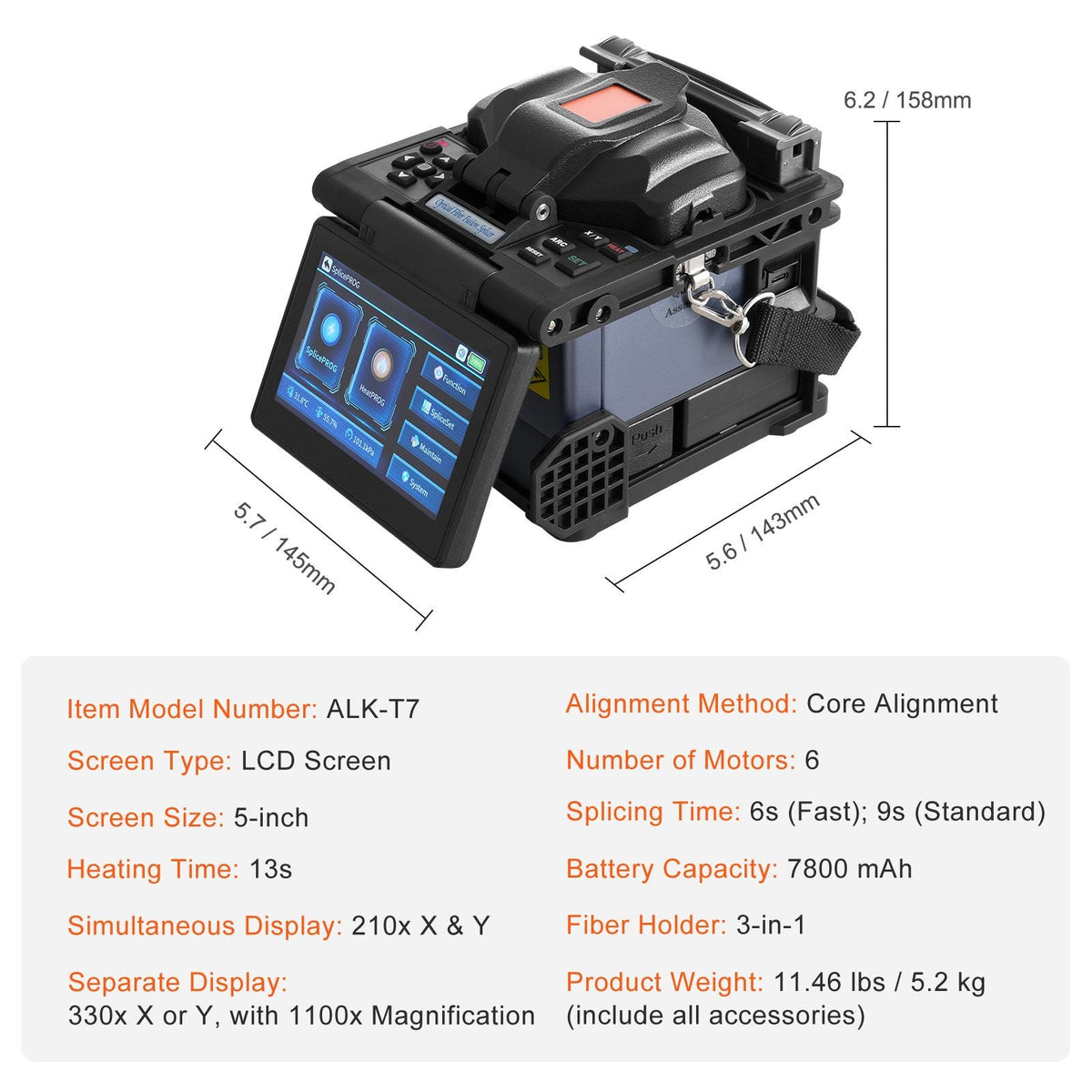 Fiber Fusion Splicer 6-Motor, Core Alignment Fiber Optic Splicer 6s Splicing & 13s Heating, Fiber Splicer Machine with 5" LCD Screen, 3 in 1 Fiber Holder, 7800mAh Battery for SM MM DS NZDS Fiber