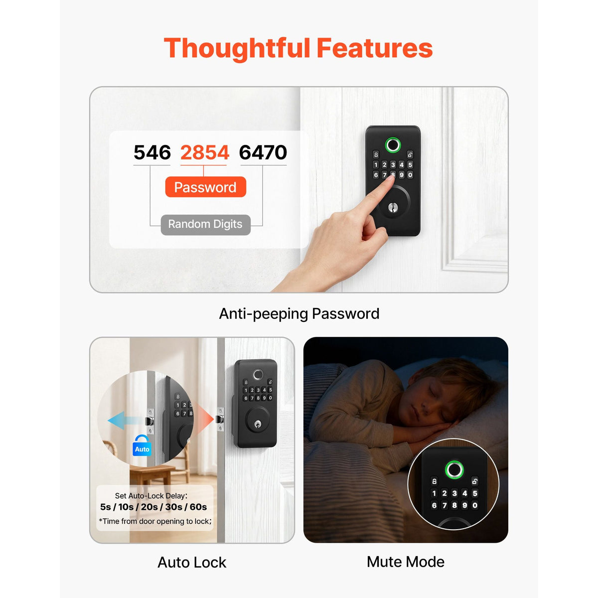 Fingerprint Door Lock, Electronic Biometric Deadbolt with Pioneering Easy-Grip Design, Auto Locking, One-Time Code, Anti-Peeking Password, Keyless Entry Door Lock for Home Use, Matte Black
