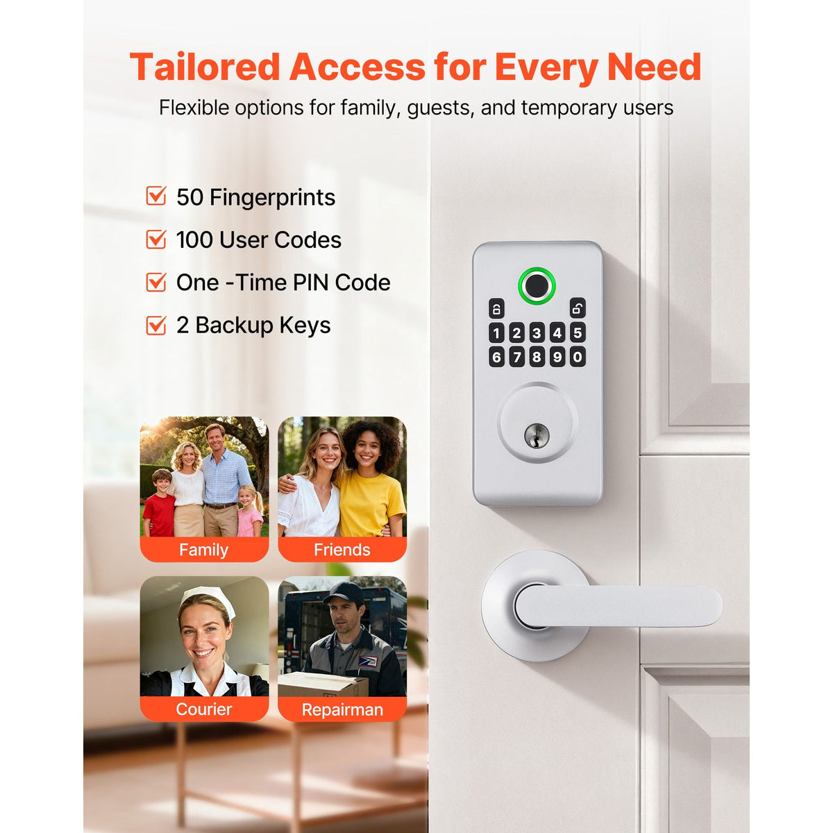 Fingerprint Door Lock Set, Electronic Biometric Deadbolt Keyless Entry Door Lock with Handle, Pioneering Easy-Grip Design, Auto Locking, One-Time Code, Anti-Peeking Password, for Home, Silver