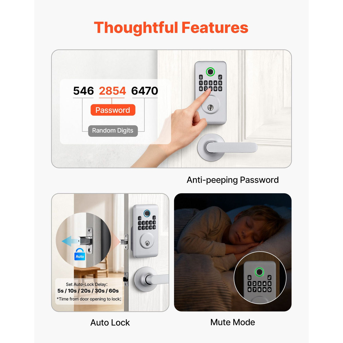 Fingerprint Door Lock Set, Electronic Biometric Deadbolt Keyless Entry Door Lock with Handle, Pioneering Easy-Grip Design, Auto Locking, One-Time Code, Anti-Peeking Password, for Home, Silver