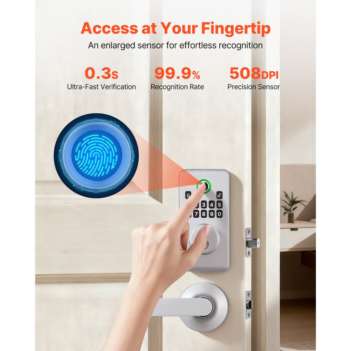 Fingerprint Door Lock Set, Electronic Biometric Deadbolt Keyless Entry Door Lock with Handle, Pioneering Easy-Grip Design, Auto Locking, One-Time Code, Anti-Peeking Password, for Home, Silver