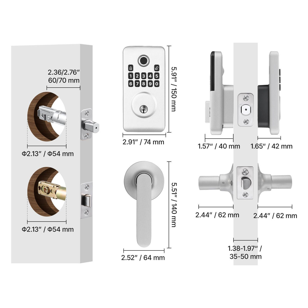 Fingerprint Door Lock Set, Electronic Biometric Deadbolt Keyless Entry Door Lock with Handle, Pioneering Easy-Grip Design, Auto Locking, One-Time Code, Anti-Peeking Password, for Home, Silver