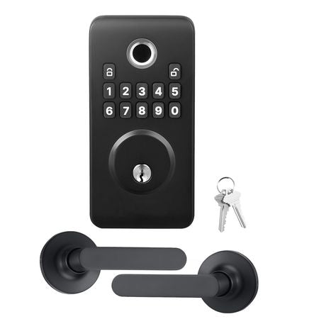 Fingerprint Door Lock Set, Electronic Biometric Deadbolt Keyless Entry Door Lock with Handle, Pioneering Easy-Grip Design, Auto Locking, One-Time Code, Anti-Peeking Password, Matte Black
