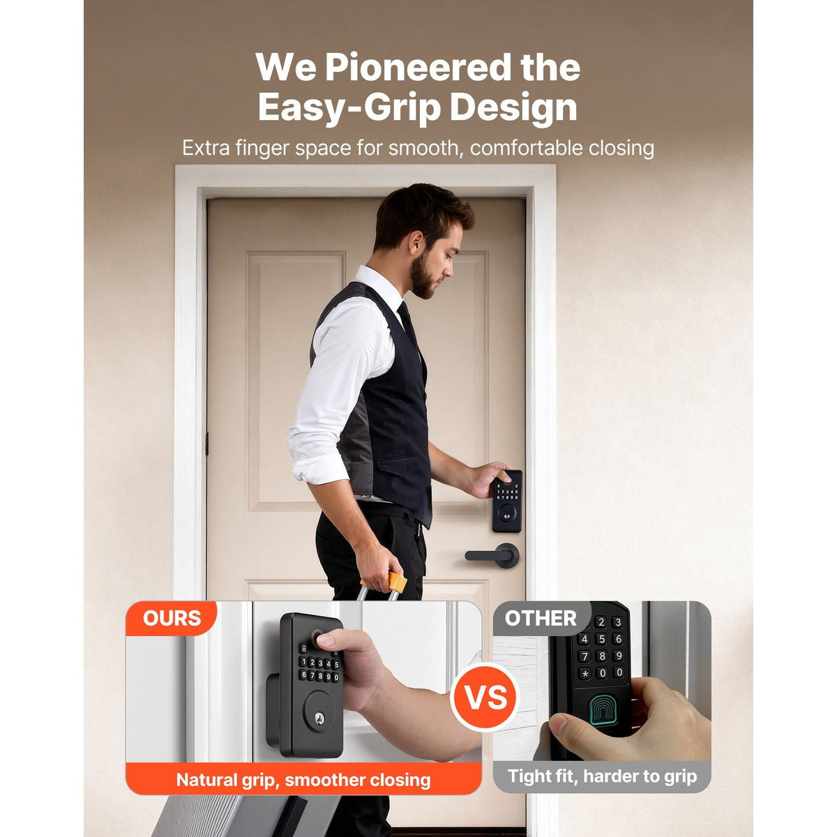Fingerprint Door Lock Set, Electronic Biometric Deadbolt Keyless Entry Door Lock with Handle, Pioneering Easy-Grip Design, Auto Locking, One-Time Code, Anti-Peeking Password, Matte Black