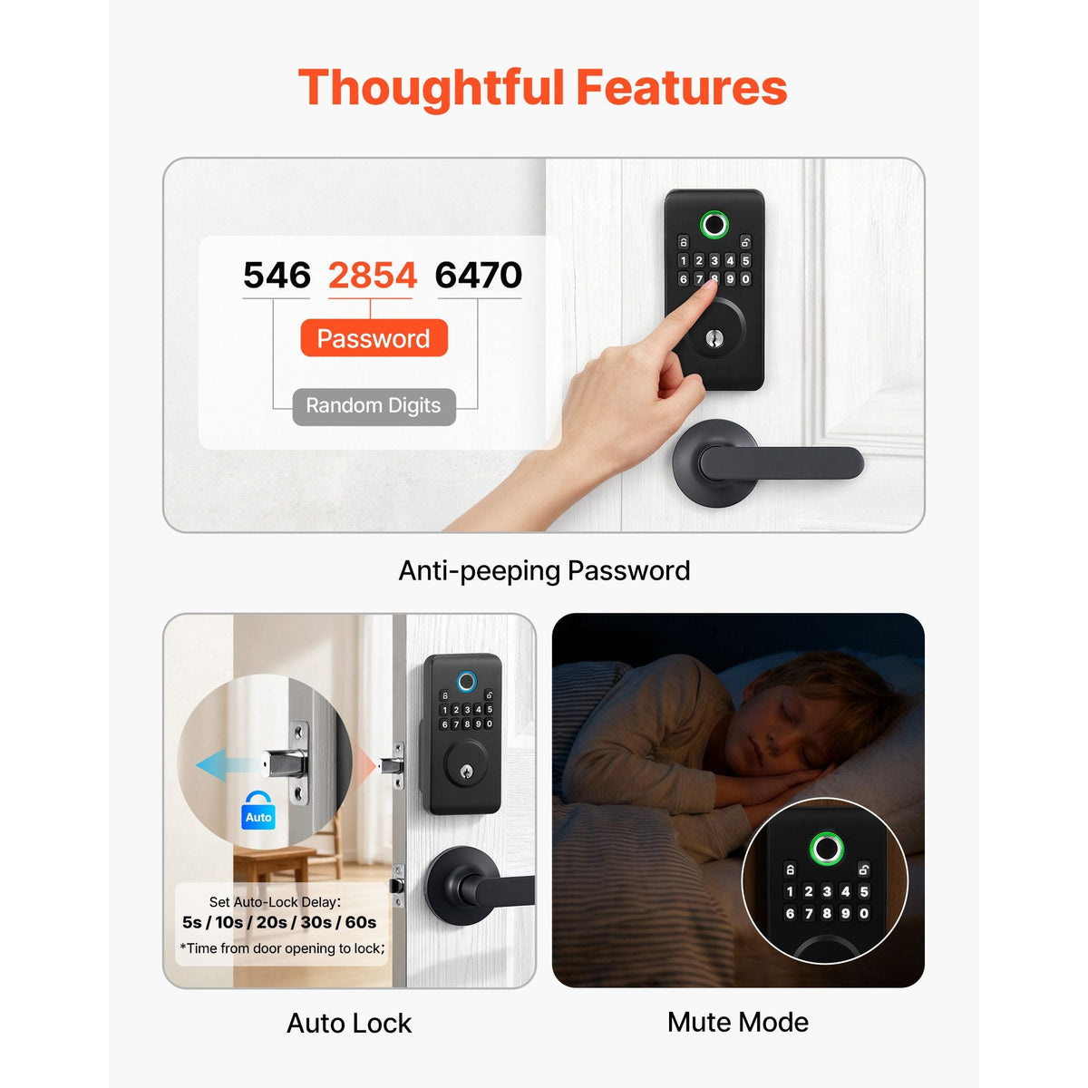 Fingerprint Door Lock Set, Electronic Biometric Deadbolt Keyless Entry Door Lock with Handle, Pioneering Easy-Grip Design, Auto Locking, One-Time Code, Anti-Peeking Password, Matte Black