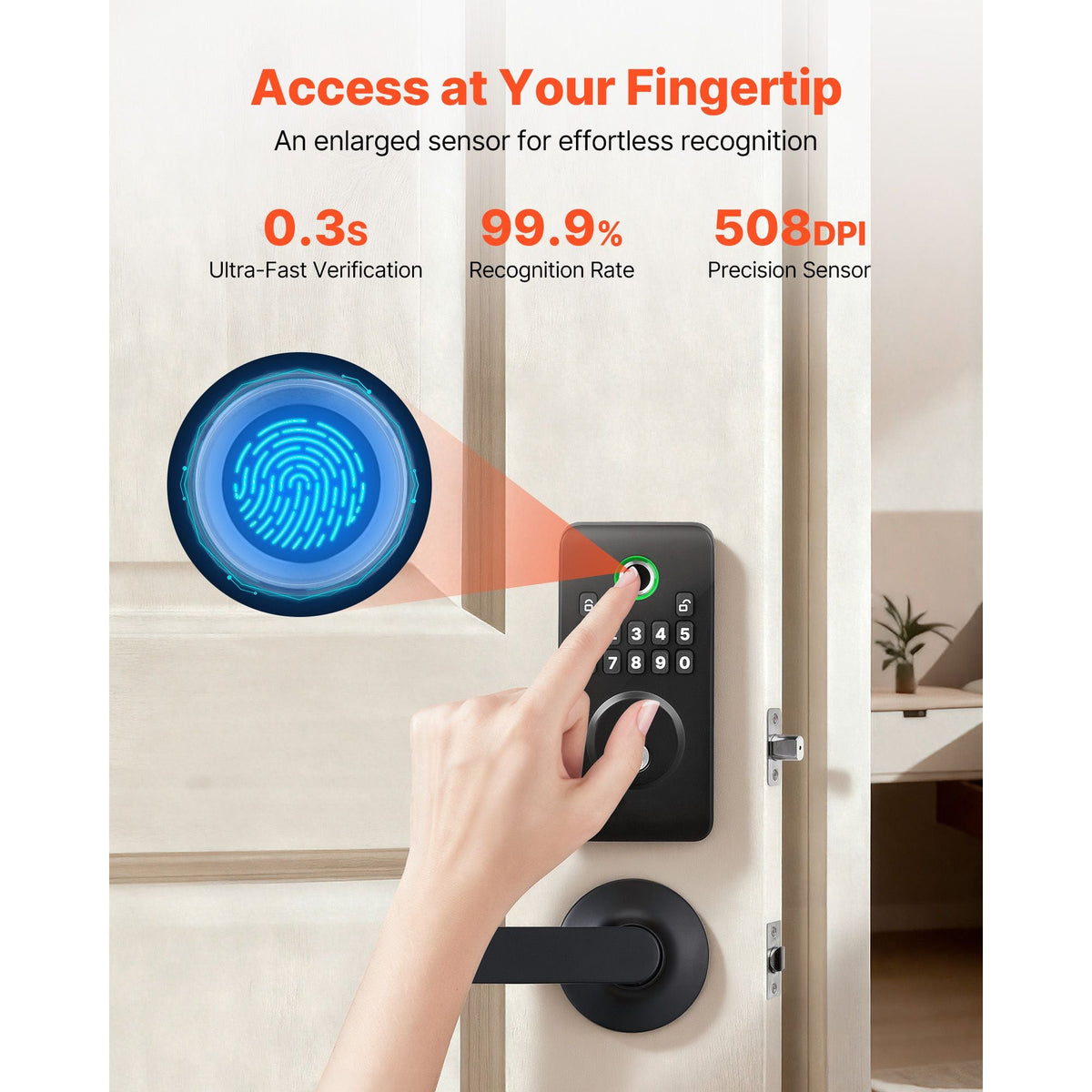 Fingerprint Door Lock Set, Electronic Biometric Deadbolt Keyless Entry Door Lock with Handle, Pioneering Easy-Grip Design, Auto Locking, One-Time Code, Anti-Peeking Password, Matte Black